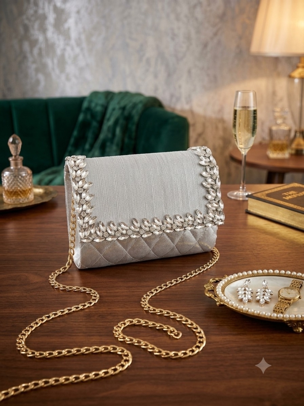 Silver Embellished Quilted Evening Clutch with Chain